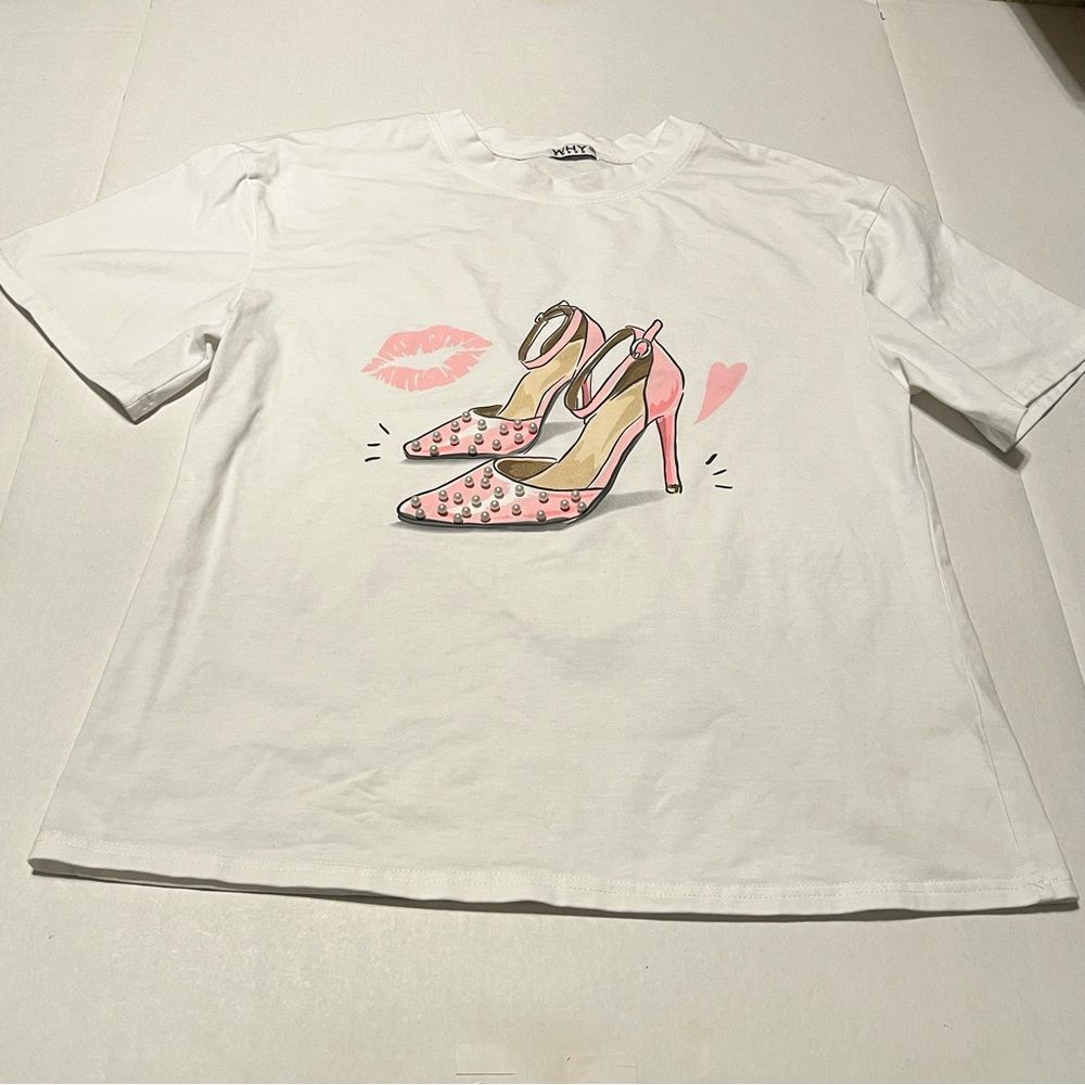 Why Dress Women Size Small White Short Sleeve Shirt Top Blouse Pink Heels Pearls